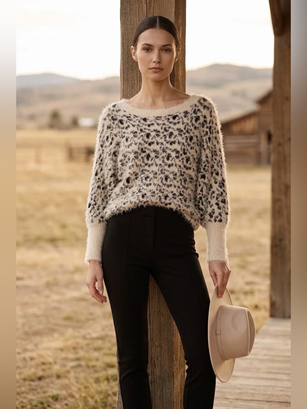 XOXO Cream and Black Fuzzy Leopard-Print Crewneck Sweater